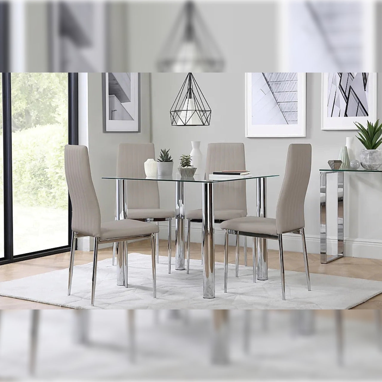 Dining Set Eva Square Glass and Chrome Dining Table with 4 Leon Stone Grey Leatherette Chairs