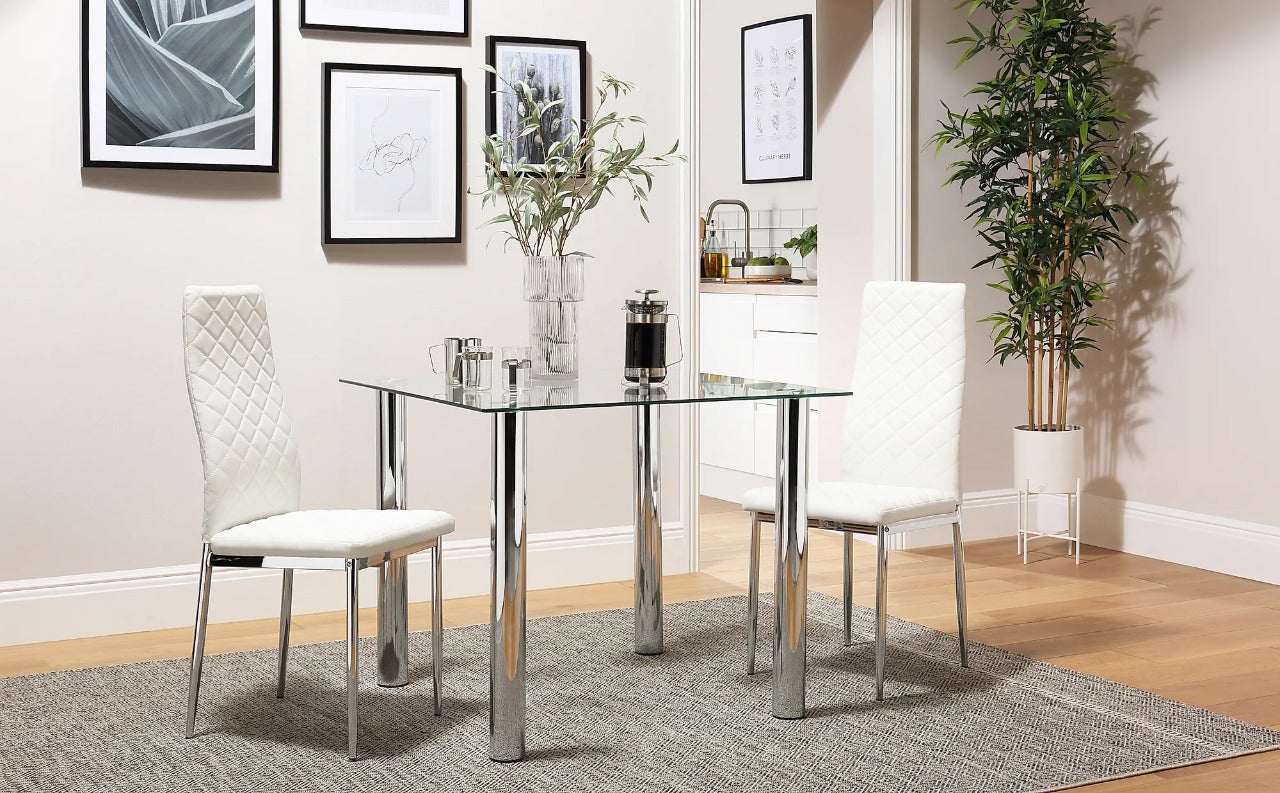 Dining Set: JACK Square Glass and Chrome Dining Table with 2 Leon Chairs