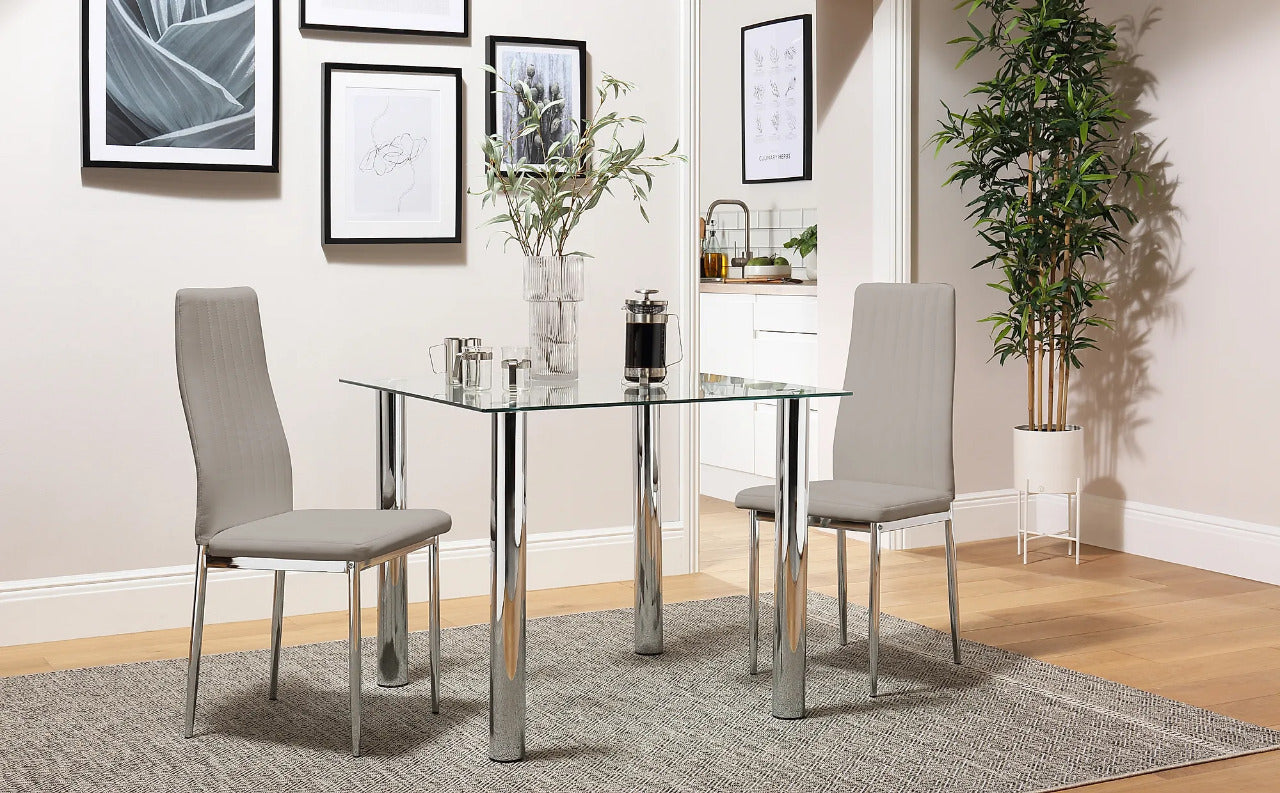 Dining Set: JACK Square Glass and Chrome Dining Table with 2 Leon Chairs