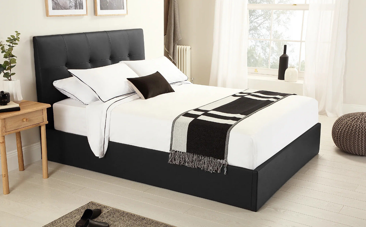 Double Bed: Covershine Black Leather Fabric Double Bed