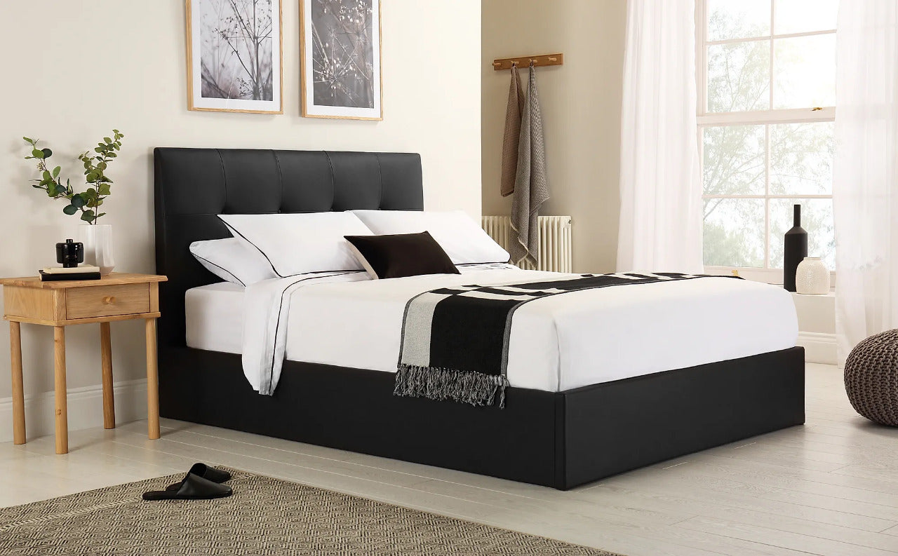 Double Bed: Covershine Black Leather Fabric Double Bed