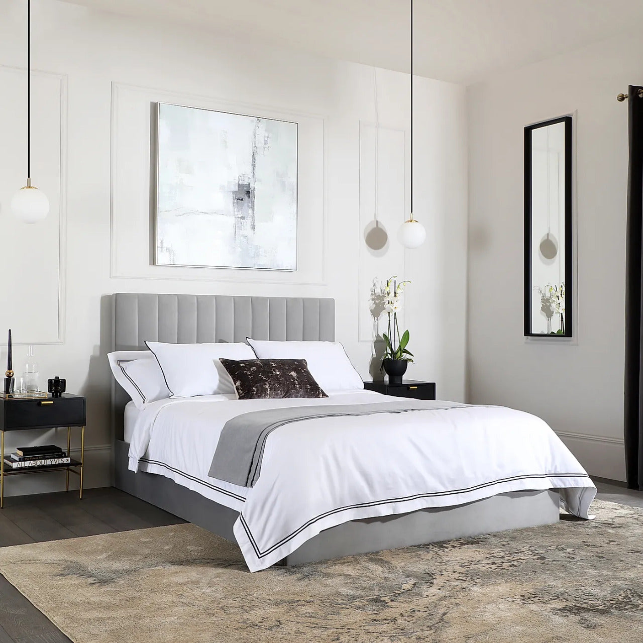 Double Bed: Grey Velvet Double Bed