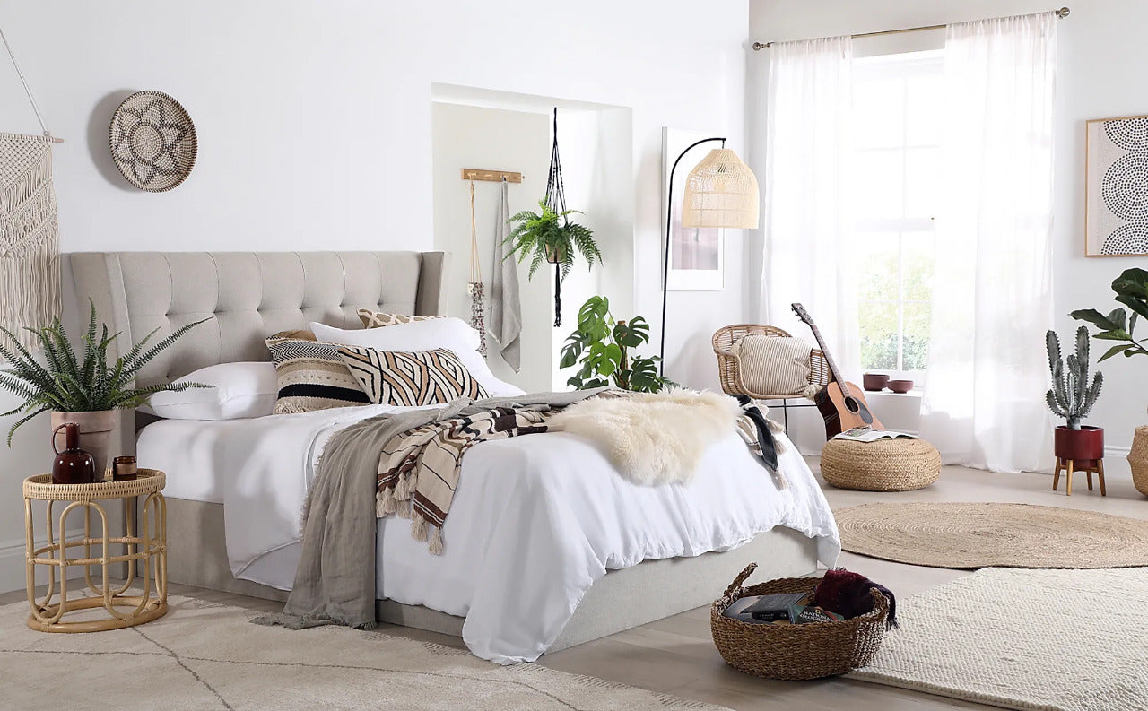 Double Bed: Kenle Oatmeal Fabric Double Bed