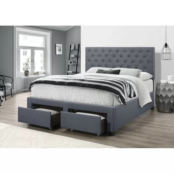 Double Bed: Upholstered Low Profile Standard Bed With Storage