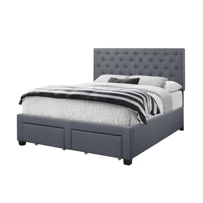 Double Bed: Upholstered Low Profile Standard Bed With Storage