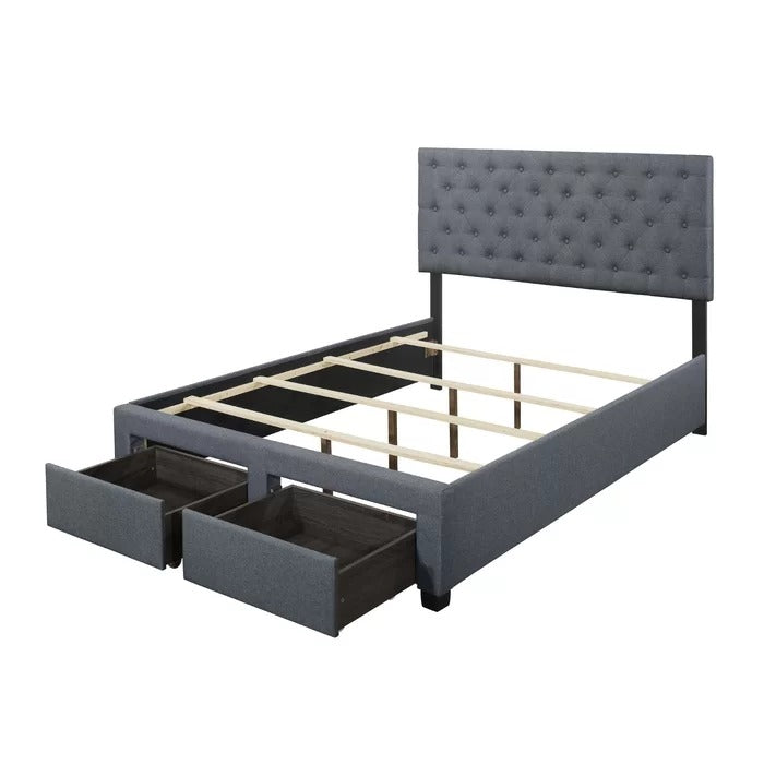 Double Bed: Upholstered Low Profile Standard Bed With Storage