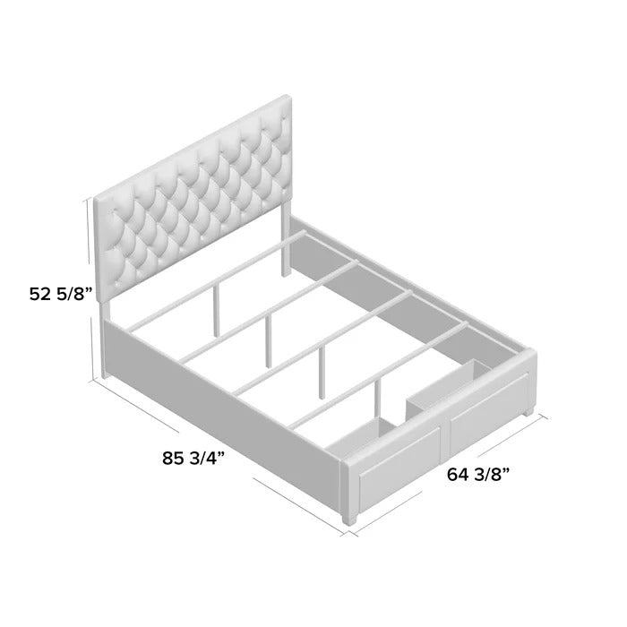 Double Bed: Upholstered Low Profile Standard Bed With Storage
