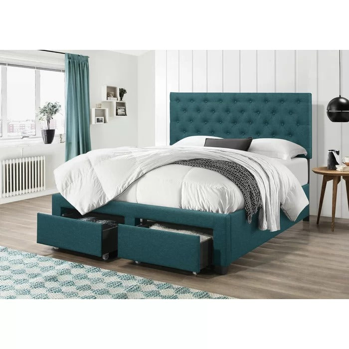 Double Bed: Upholstered Low Profile Standard Bed With Storage