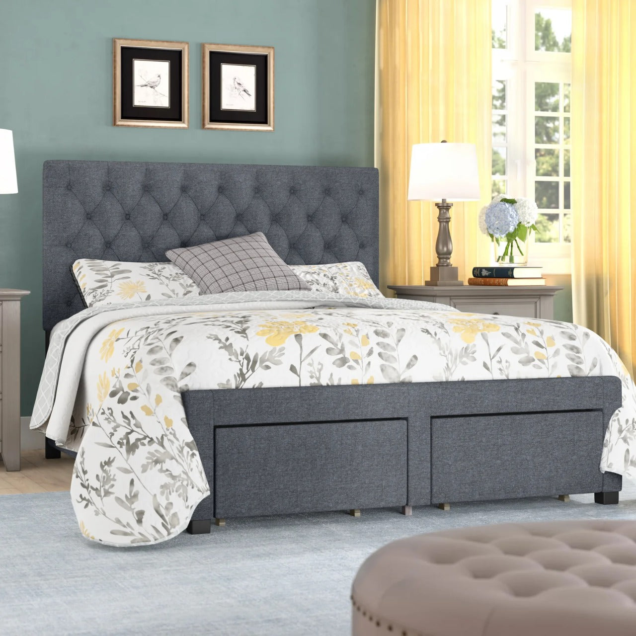 Double Bed: Upholstered Low Profile Standard Bed With Storage
