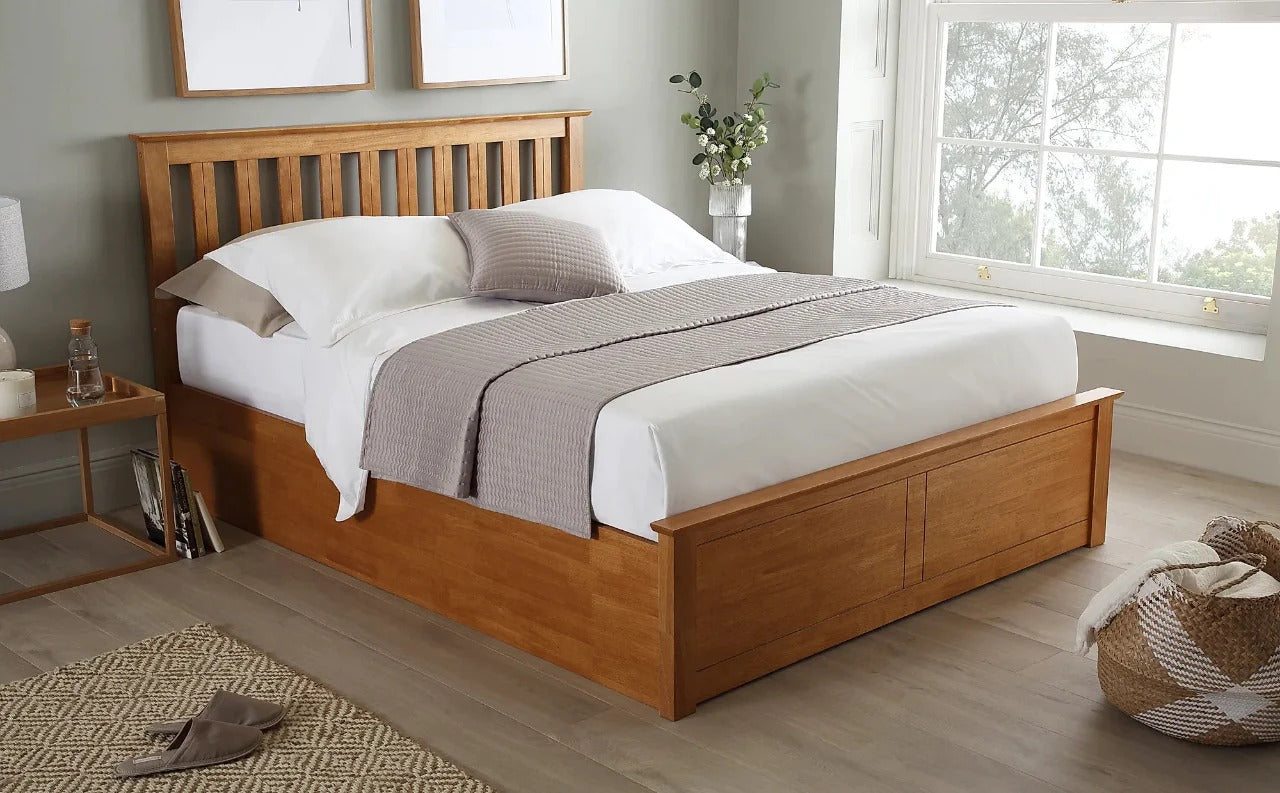 Double Bed: White Wooden Hydraulic Bed