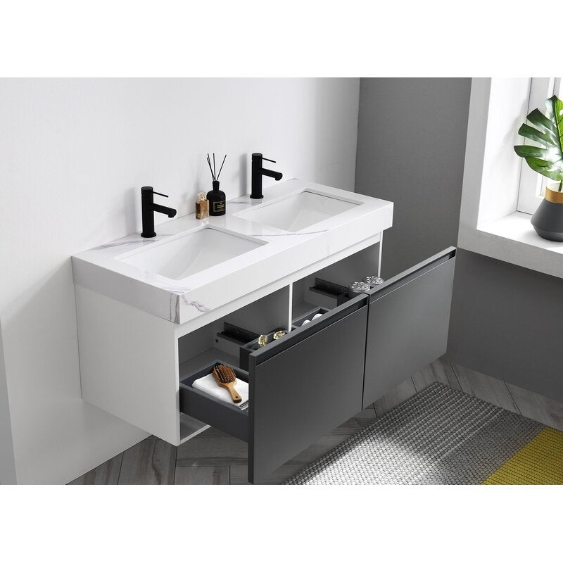 Double Sink Vanities: 47.54" Wall-Mounted Double Bathroom Vanity Set