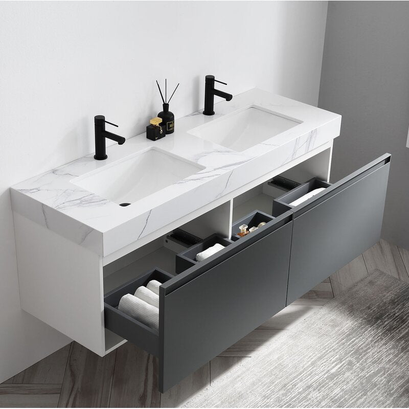 Double Sink Vanities: 60" Wall-Mounted Double Bathroom Vanity Set