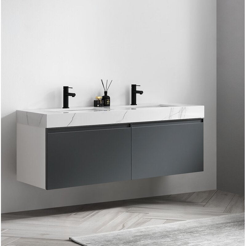 Double Sink Vanities: 60" Wall-Mounted Double Bathroom Vanity Set