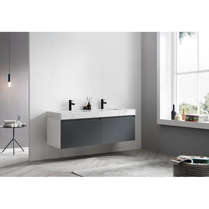 Double Sink Vanities: 60" Wall-Mounted Double Bathroom Vanity Set