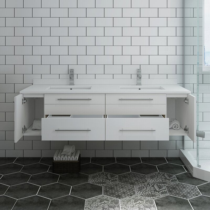 Double Sink Vanities: 60" Wall-Mounted Double Bathroom Vanity Set