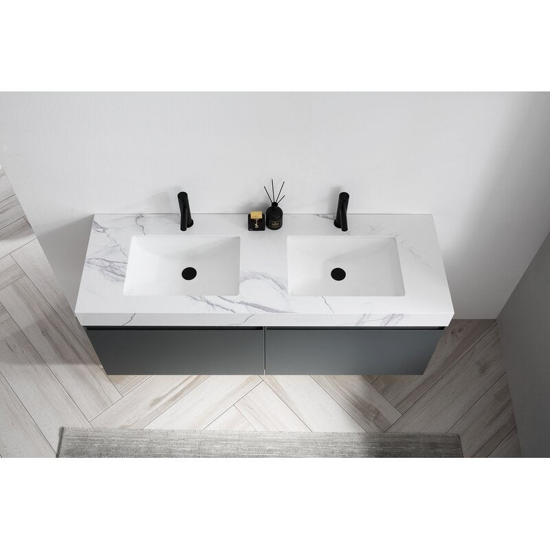 Double Sink Vanities: 60" Wall-Mounted Double Bathroom Vanity Set