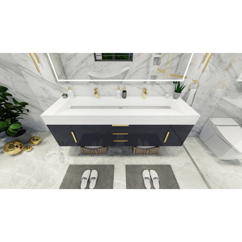 Double Sink Vanities: 72" W Wall-Mounted Double Bathroom Vanity Set
