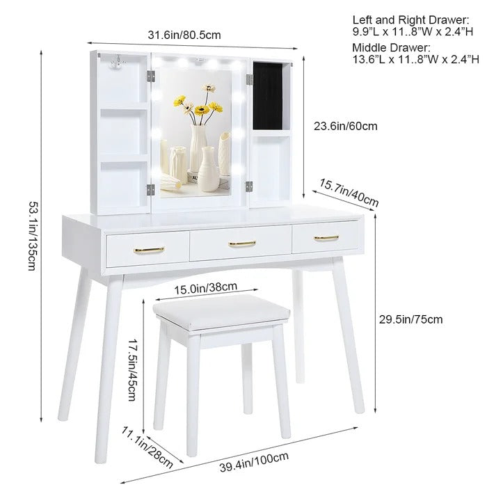 Dressing Table: 10 Led Lights Solid Wood Vanity