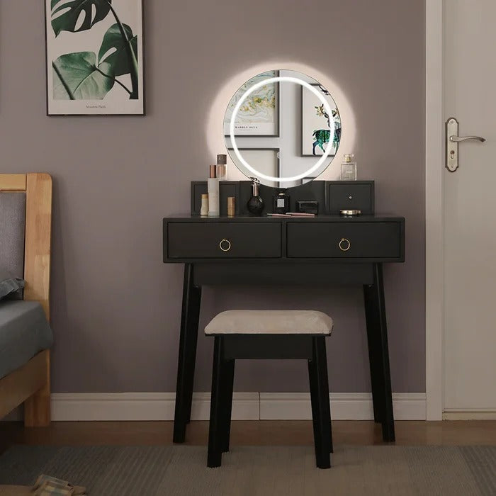 Dressing Table: 31.5'' Wide Solid Wood Vanity Set with Stool and Mirror