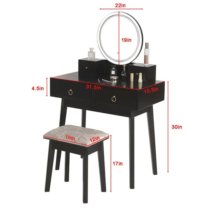 Dressing Table: 31.5'' Wide Solid Wood Vanity Set with Stool and Mirror