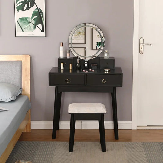 Dressing Table: 31.5'' Wide Solid Wood Vanity Set with Stool and Mirror