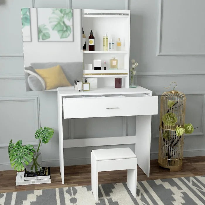 Dressing Table: 31'' Wide White Dressing Table Vanity with Mirror