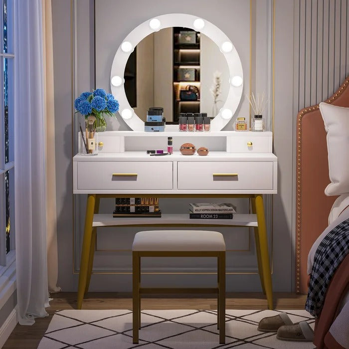 Dressing Table: 39.37'' Wide Vanity Set with Stool and Mirror