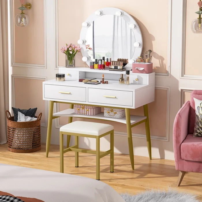 Dressing Table: 39.37'' Wide Vanity Set with Stool and Mirror