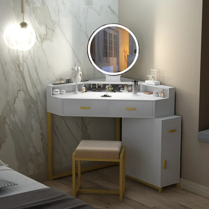 modern corner dressing table Corner Vanity Desk with Mirror, Modern Makeup Vanity Set With Stool & Cabinet, Wooden Dressing Table with Drawers for Bedroom Bathroom : Target