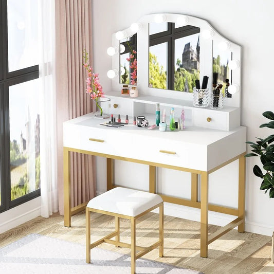 Dressing Table: 47'' Wide White Vanity Set with Stool and Mirror
