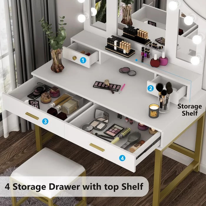Dressing Table: 47'' Wide White Vanity Set with Stool and Mirror