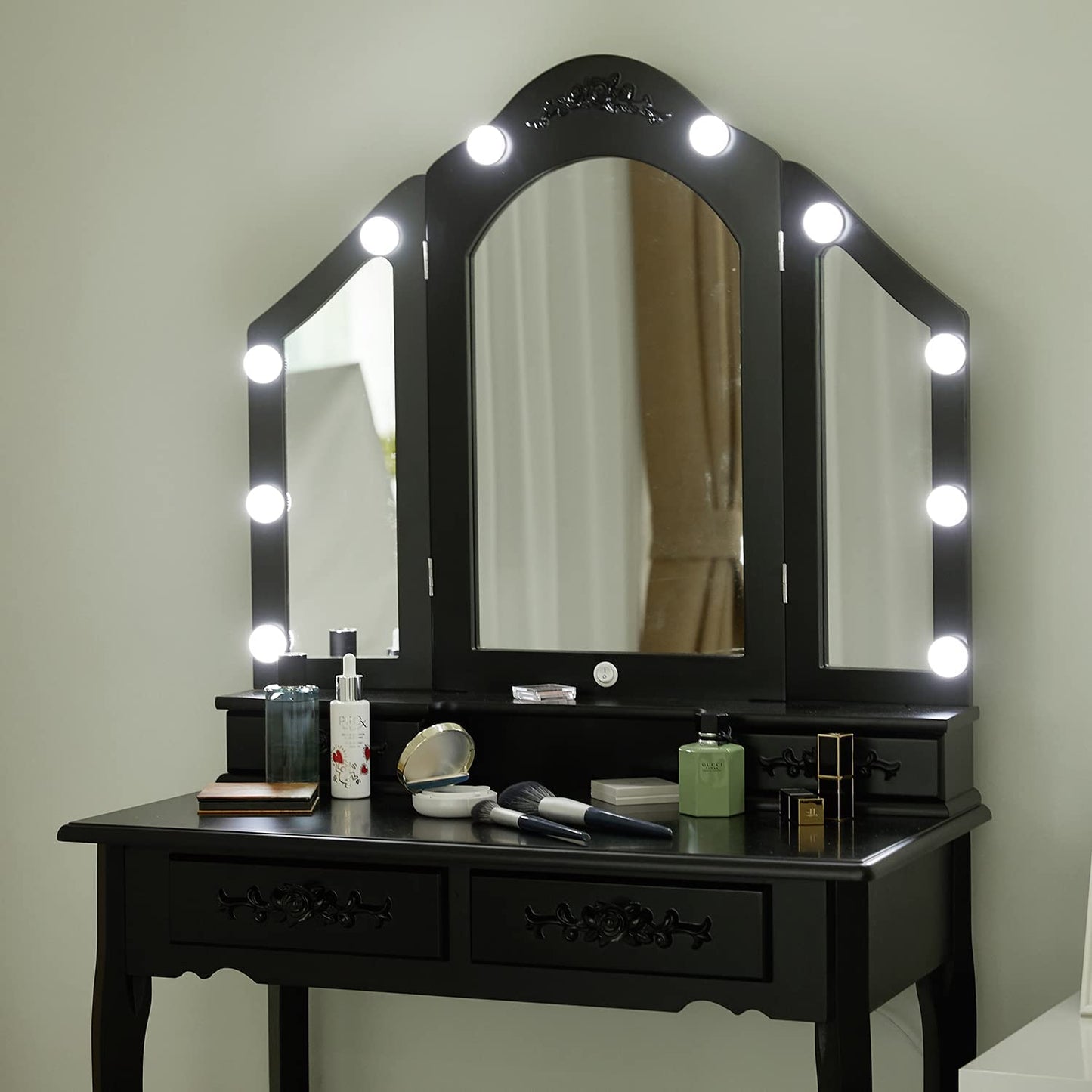 Dressing Table: Black Tri-Folding Lighted Mirror and 10 LED Bulbs