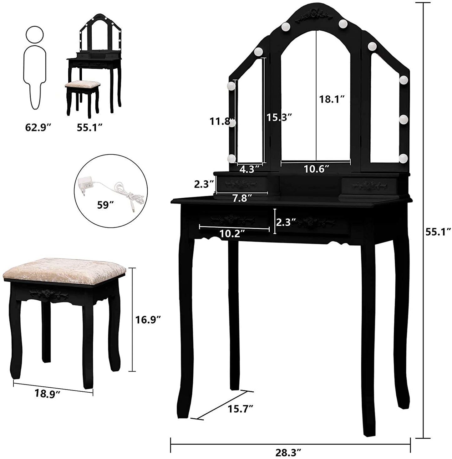 Dressing Table: Black Tri-Folding Lighted Mirror and 10 LED Bulbs