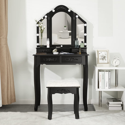 Dressing Table: Black Tri-Folding Lighted Mirror and 10 LED Bulbs