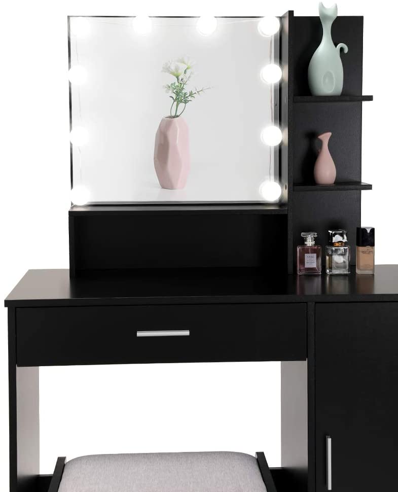 Dressing Table: Black Vanity Table Set with 10 Light Bulbs