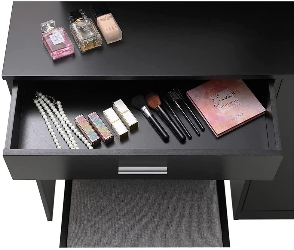 Dressing Table: Black Vanity Table Set with 10 Light Bulbs