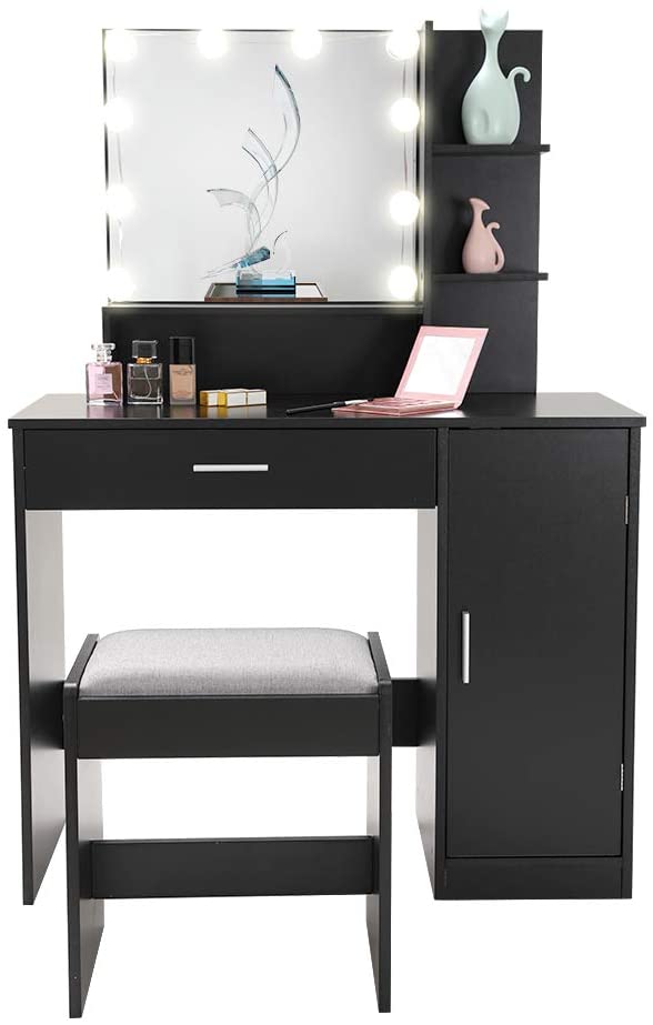 Dressing Table: Black Vanity Table Set with 10 Light Bulbs