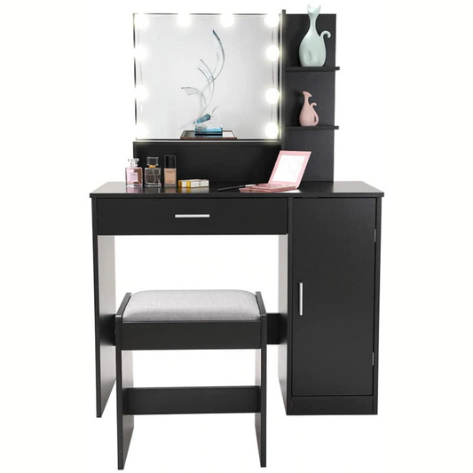 Dressing Table Black Vanity Table Set with 10 Light Bulbs