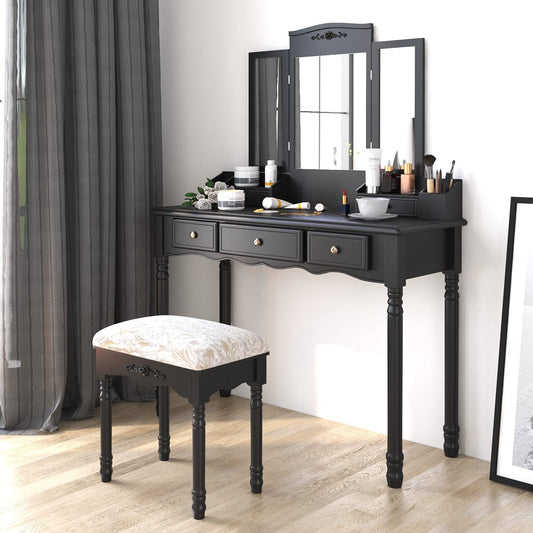 Dressing Table: Black, Brown and White Dressing Table with 5 Drawers