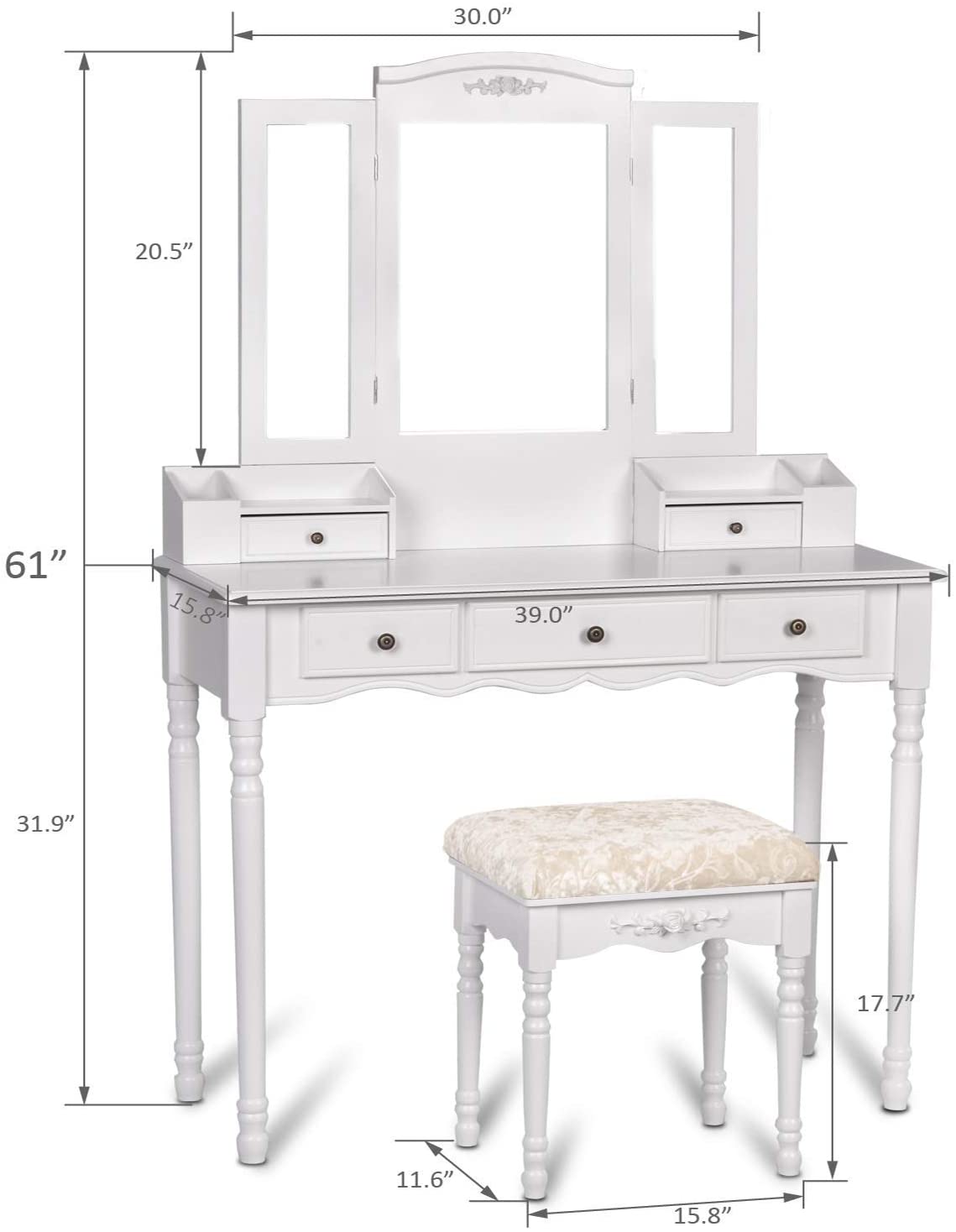 Dressing Table: Black, Brown and White Dressing Table with 5 Drawers
