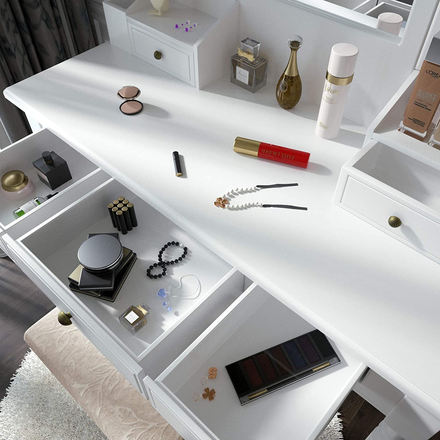 Dressing Table: Black, Brown and White Dressing Table with 5 Drawers