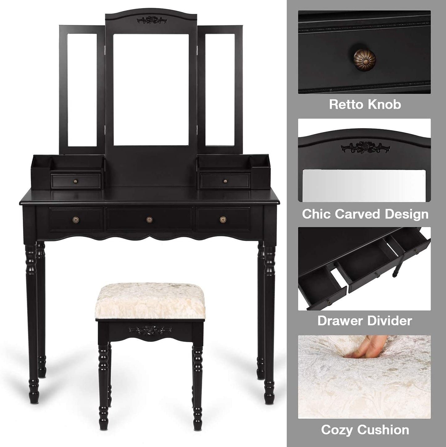 Dressing Table: Black, Brown and White Dressing Table with 5 Drawers