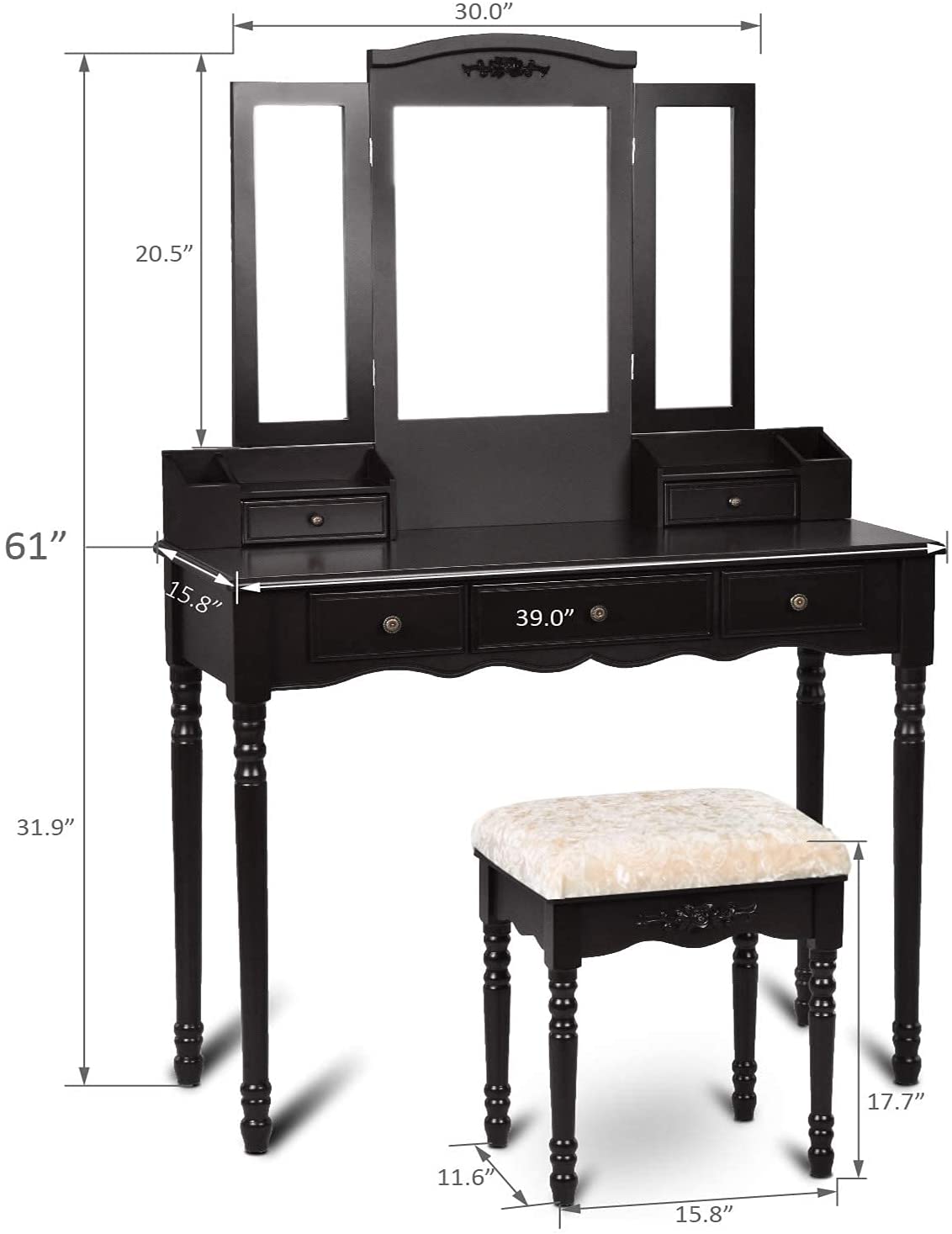 Dressing Table: Black, Brown and White Dressing Table with 5 Drawers