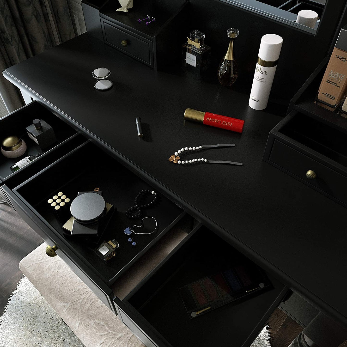 Dressing Table: Black, Brown and White Dressing Table with 5 Drawers