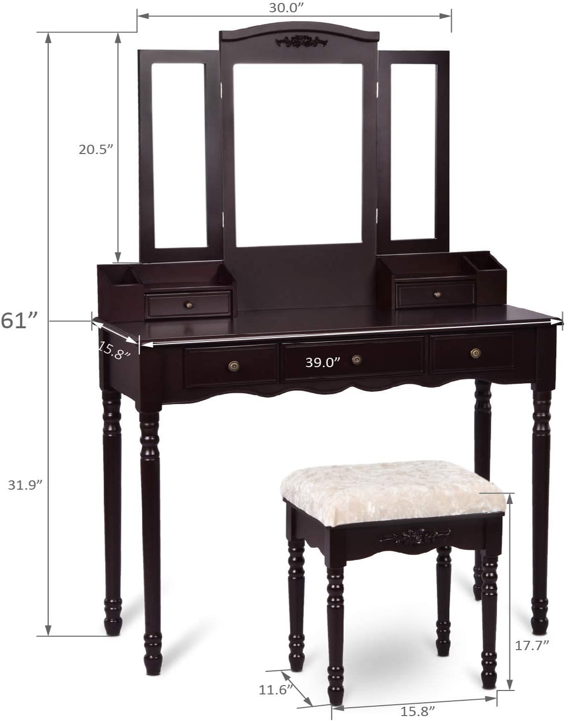 Dressing Table: Black, Brown and White Dressing Table with 5 Drawers