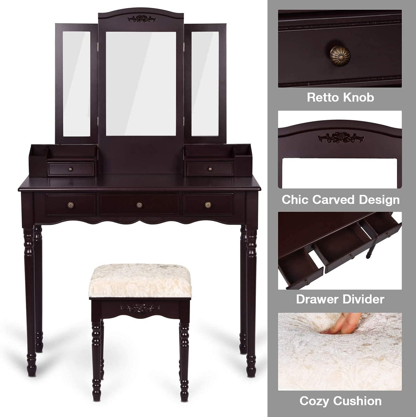 Dressing Table: Black, Brown and White Dressing Table with 5 Drawers
