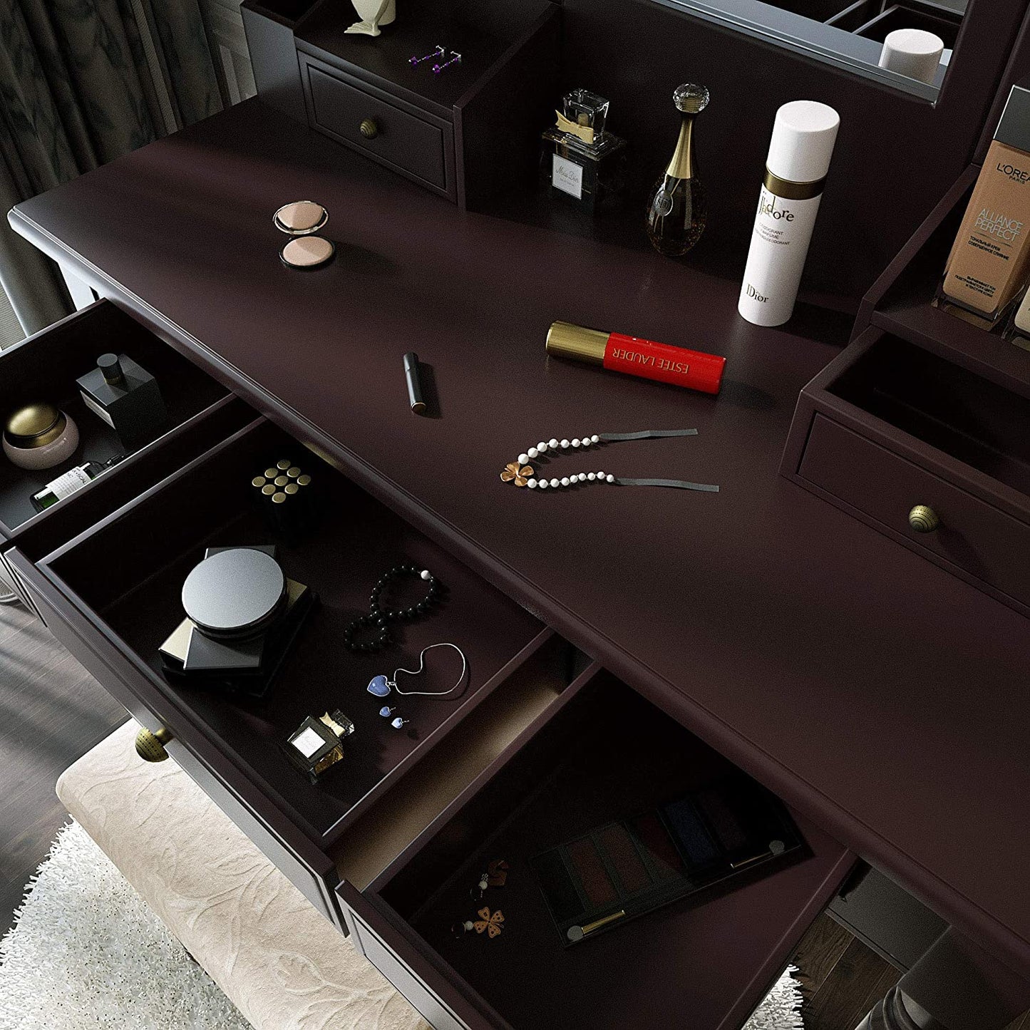 Dressing Table: Black, Brown and White Dressing Table with 5 Drawers