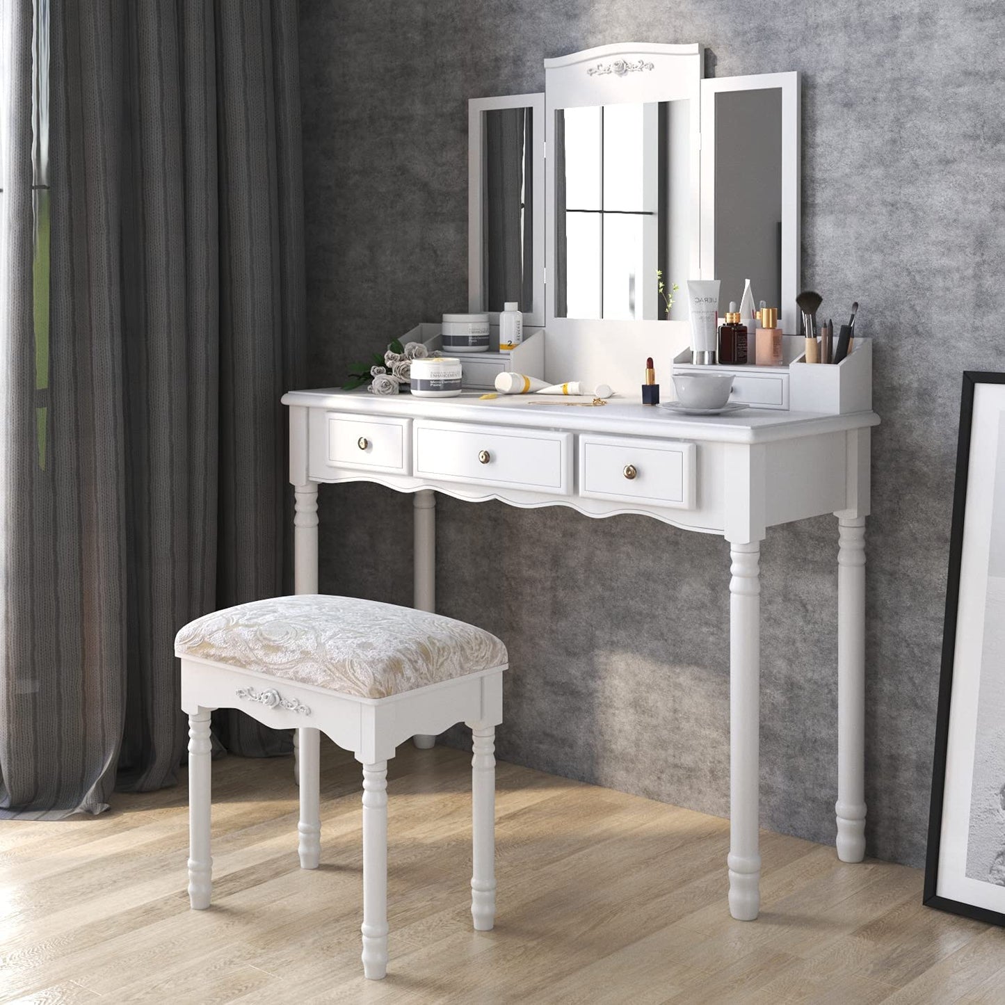 Dressing Table: Black, Brown and White Dressing Table with 5 Drawers