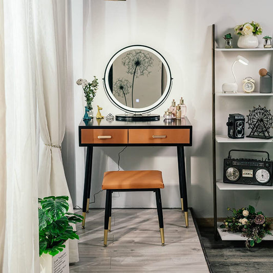 Dressing Table  Cushion Stool Angle Adjustable Mirror Modern Black Orange Dressing Table