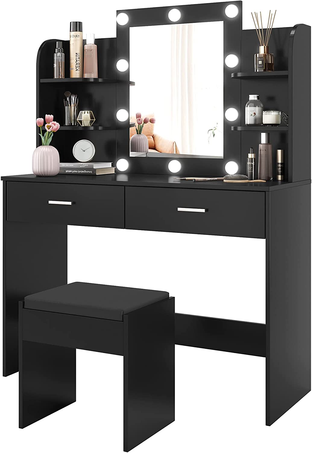 Dressing Table: Desk with 10 Light Bulbs Black Dressing Table